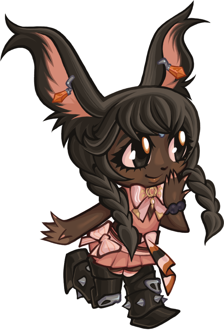 a chibi drawing of meade. she has a hand up to her mouth as if she's looking or giggling at something.